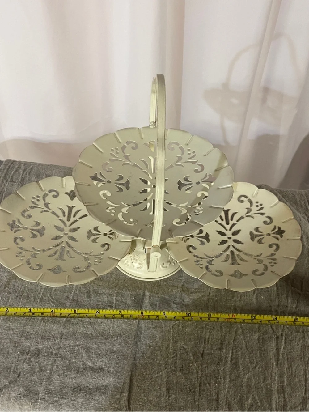 Vintage Three-Tier Cream Folding Metal Serving Stand - Decorative Server
